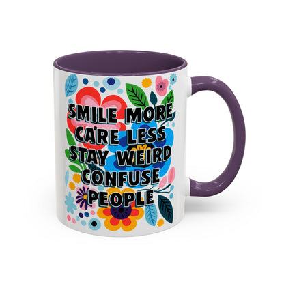 "Smile More, Care Less..." Rainbow Flowers Mug | Eight Colors | 11oz or 15oz
