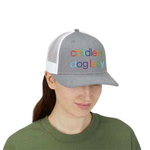 Childless Dog Lady Rainbow Embroidered Snapback Trucker Cap (10 Hat Colors)