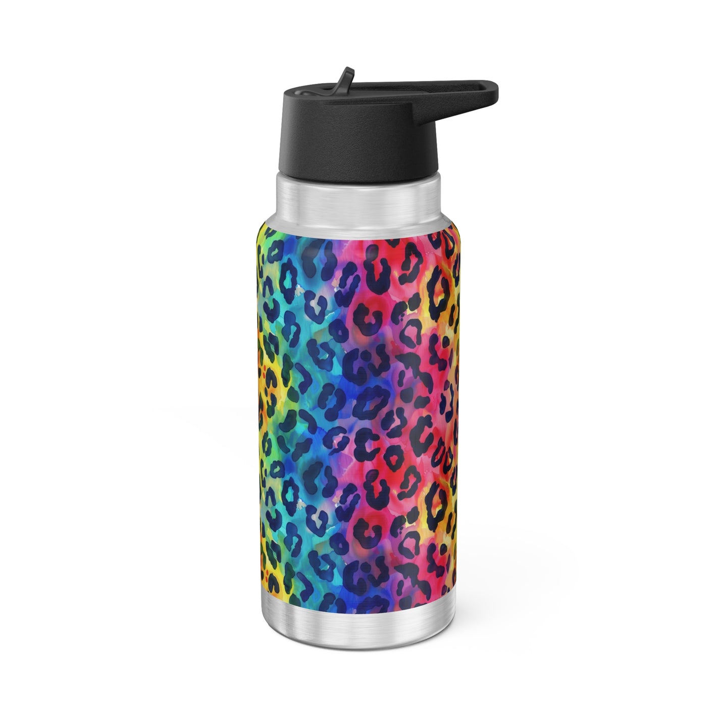 Bespattered Facade Rainbow Watercolor Leopard Insulated Gator Flip-Top Stainless-Steel Tumbler 32oz