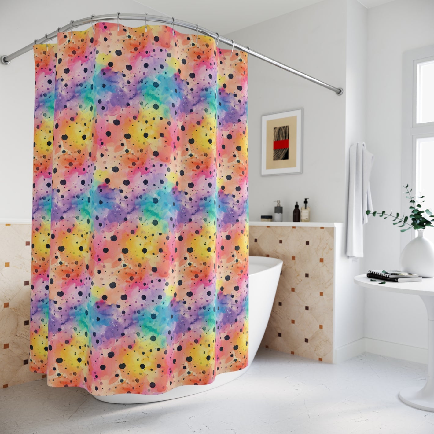Bespattered Facade Rainbow Watercolor Dots Shower Curtain