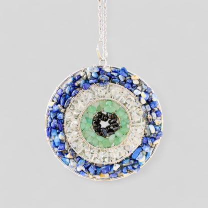 Handmade Evil Eye Nazar Boncuk Pendant with Chain for Rearview Mirror Hanging or Wall Hanging Lapis Lazuli, Crystal, Apatite