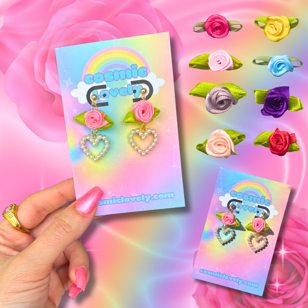 Neon Pink Flower Coquette Heart Earrings