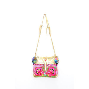 Handmade Gold Leather Crossbody Bag with Hmong Textile, Boho Pom Pom Tassel Purse, Tribal Ethnic Fair Trade Bag from Thailand