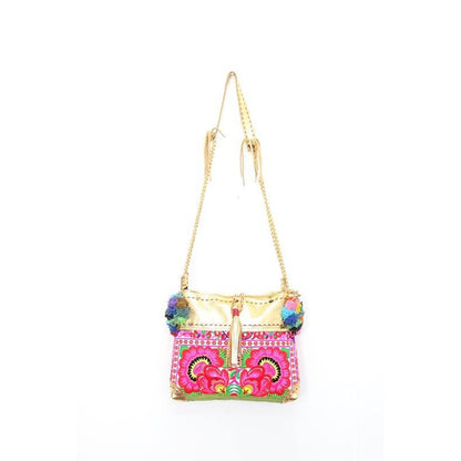 Handmade Gold Leather Crossbody Bag with Hmong Textile, Boho Pom Pom Tassel Purse, Tribal Ethnic Fair Trade Bag from Thailand