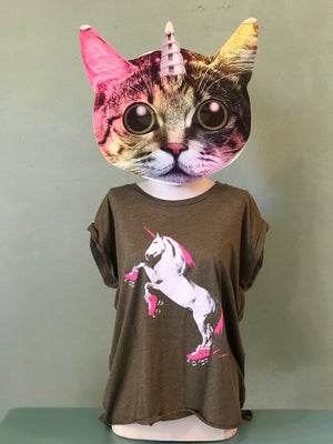 UB Shirt - Cap Sleeve - Roller Skating Unicorn (Ugly Baby) Rolled Cuff Muscle Tee RSU Heather Olive Feminine