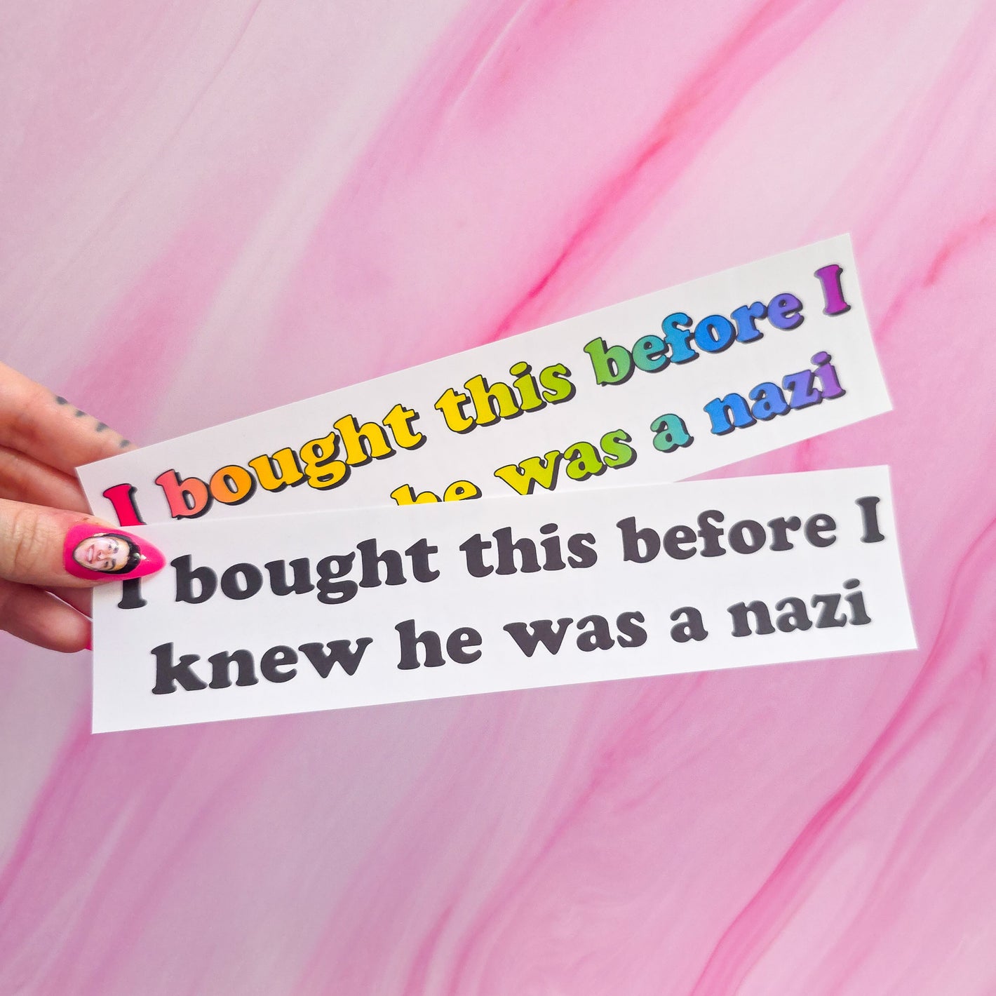 "I bought this before I knew he was a n*zi" bumper sticker, 8.25 x 2 in.