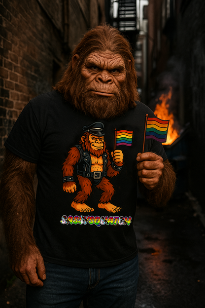 Sassysquatch Graphic Tee – Funny Bigfoot Pride Shirt – LGBTQ Leather Bear T-Shirt – Gildan 5000 Unisex Cotton Tee