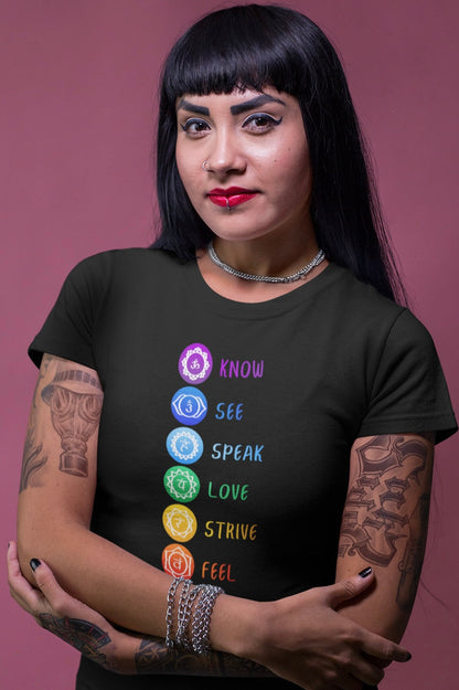 Chakra Affirmation T-Shirt – Know, See, Speak, Love, Strive, Feel, Ground | Spiritual Graphic Tee