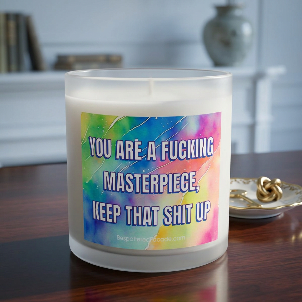 Bespattered Facade Semi-Motivational Glass Candle – "You Are a Fucking Masterpiece, Keep That Shit Up" (11oz)