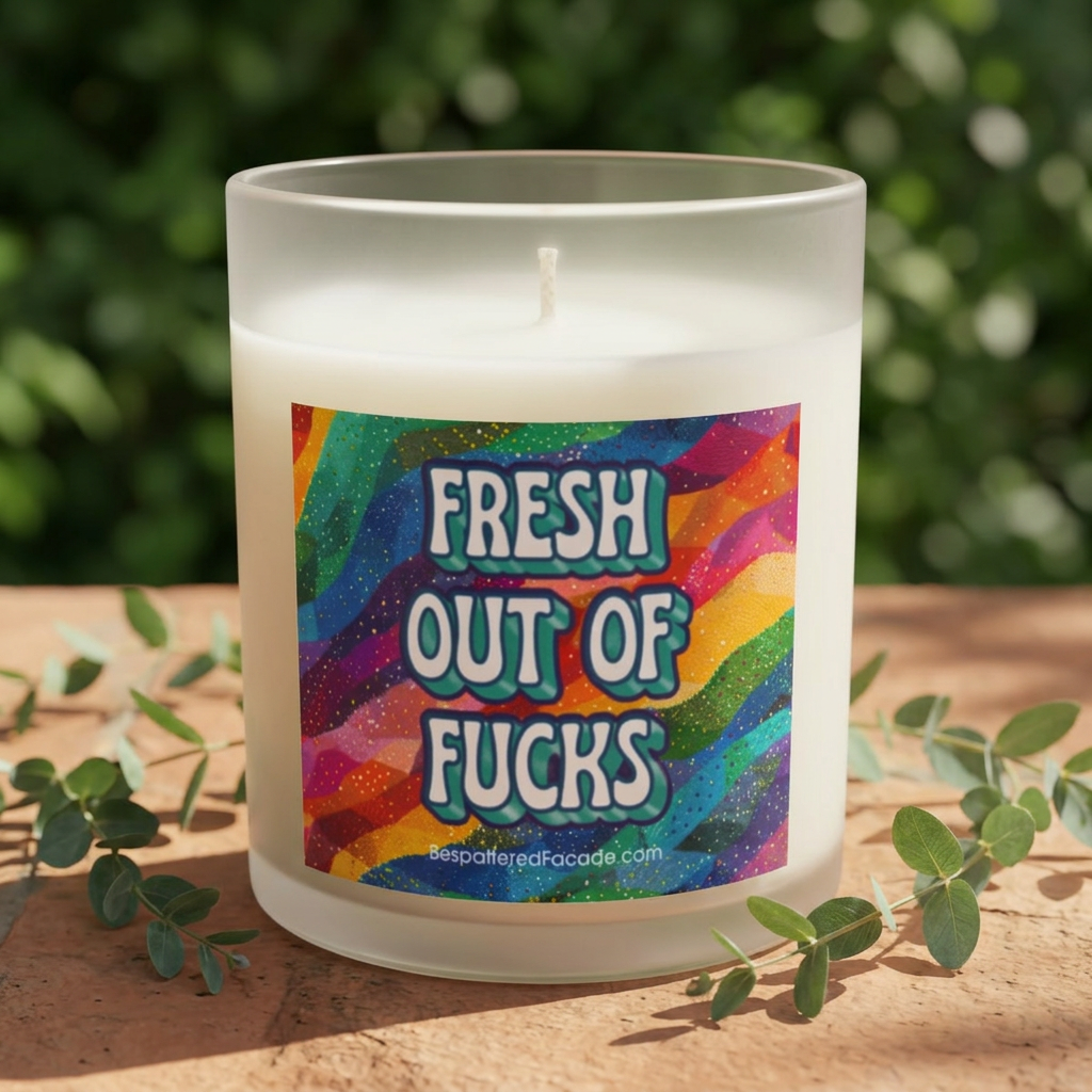 Bespattered Facade Semi-Motivational Glass Candle – "Fresh Out of F*cks" (11oz)