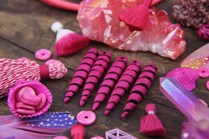 Hot Pink & Black Unicorn Horn Pendant: 2" Long Carved Bone Beads, 1 Piece