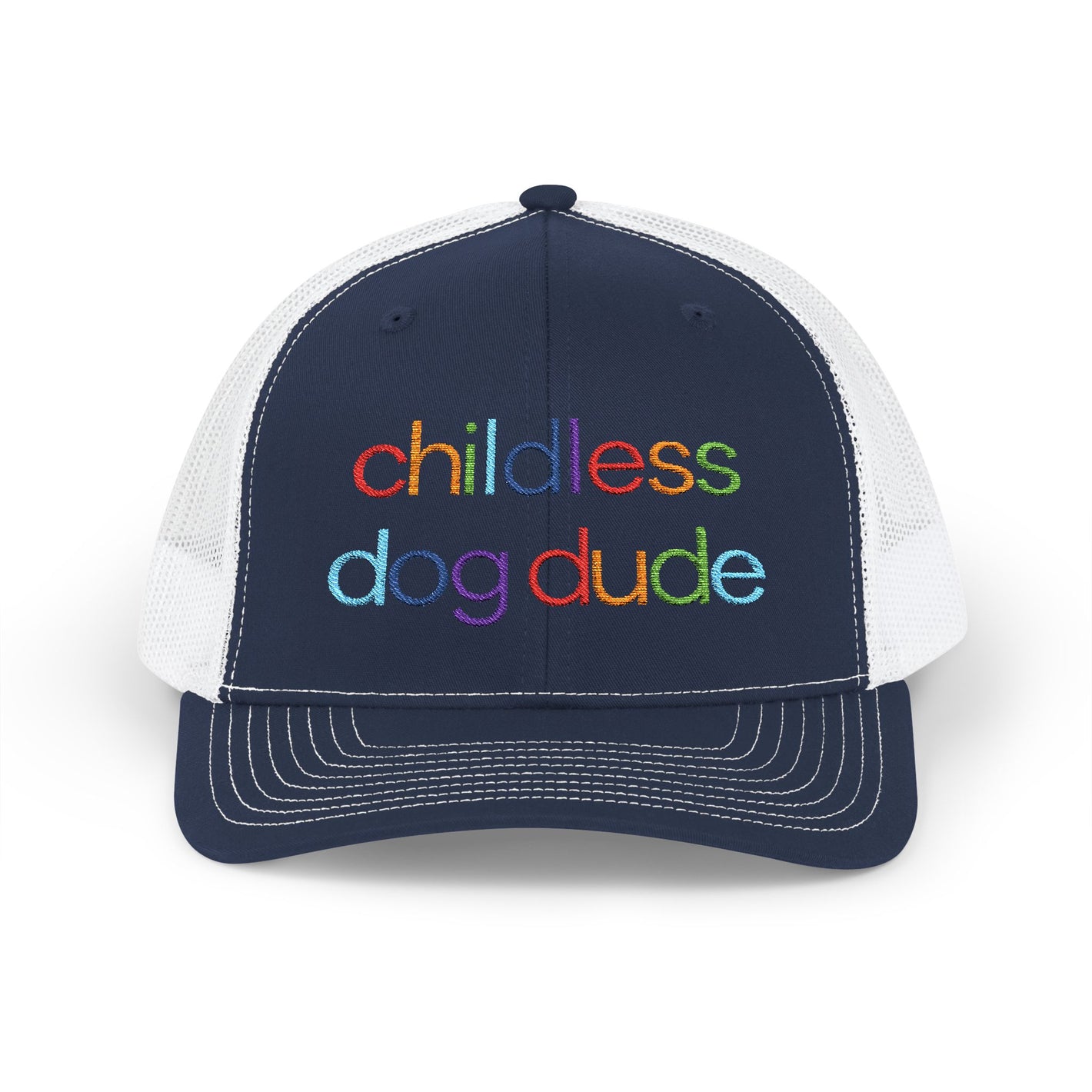 Childless Dog Dude Rainbow Embroidered Snapback Trucker Cap (10 Hat Colors)