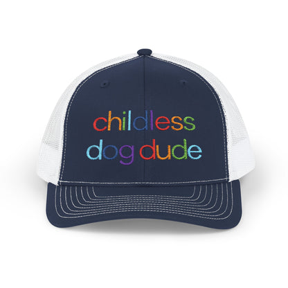 Childless Dog Dude Rainbow Embroidered Snapback Trucker Cap (10 Hat Colors)