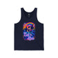 Navy tank top with colorful graphic design featuring dolphins and text on a white background