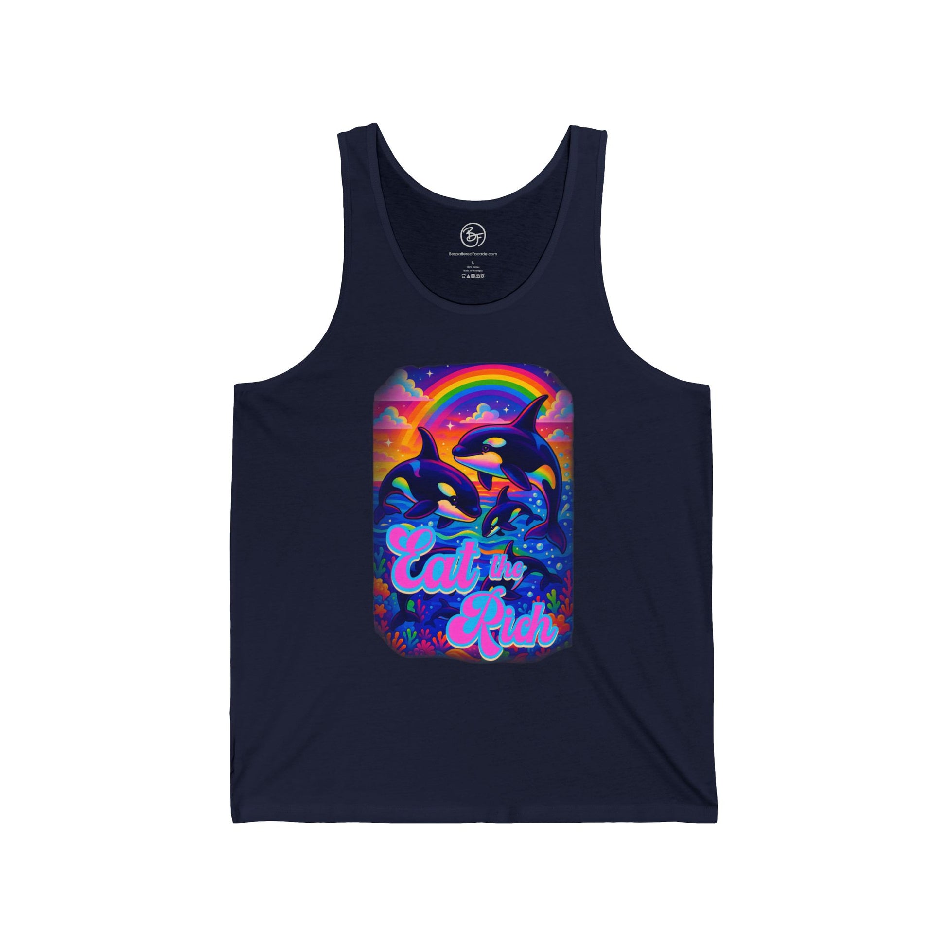Navy tank top with colorful graphic design featuring dolphins and text on a white background