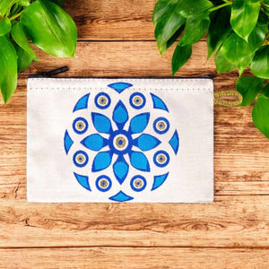 Cream Mandala Evil Eye Patterned Woven Zipper Coin Purse