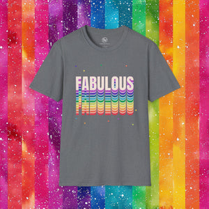 Gray t-shirt with 'FABULOUS' in colorful letters on a rainbow striped background