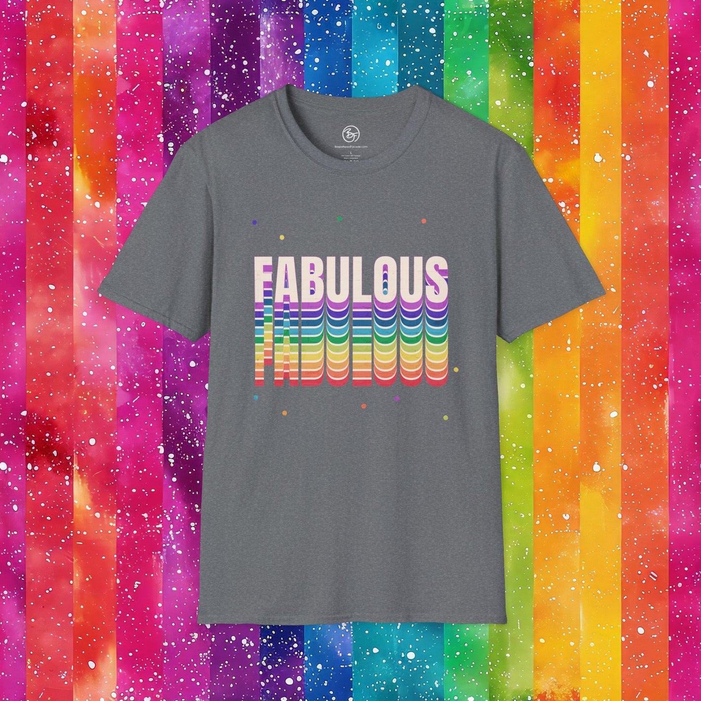 Gray t-shirt with 'FABULOUS' in colorful letters on a rainbow striped background