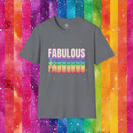 Gray t-shirt with 'FABULOUS' in colorful letters on a rainbow striped background