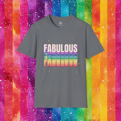 Gray t-shirt with 'FABULOUS' in colorful letters on a rainbow striped background