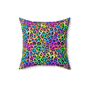 Bespattered Facade Candy Coated Neon Leopard Square Throw Pillow | 4 Sizes