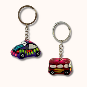 Volkswagen VW Van & Beetle Mexican Hand painted Clay Keychain - Mexico
