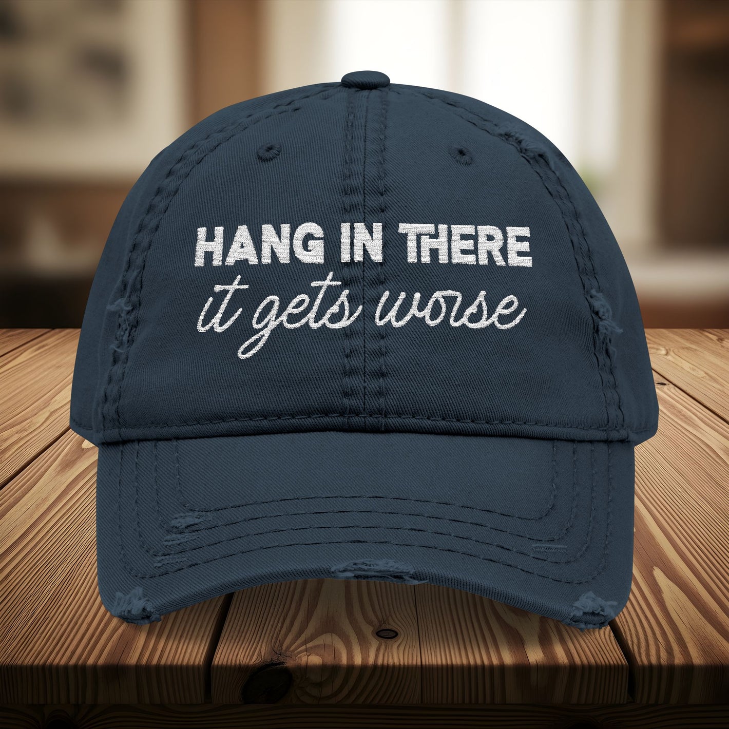 Bespattered Facade "Hang in There" White Embroidered Distressed Cap