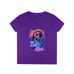 Bespattered Facade Eat the Rich Orcas Rainbow 100% Cotton V-Neck Tee Shirt Top