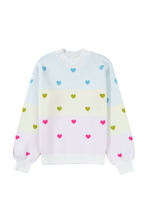 Multicolor Heart Pattern Colorblock High Neck Sweater