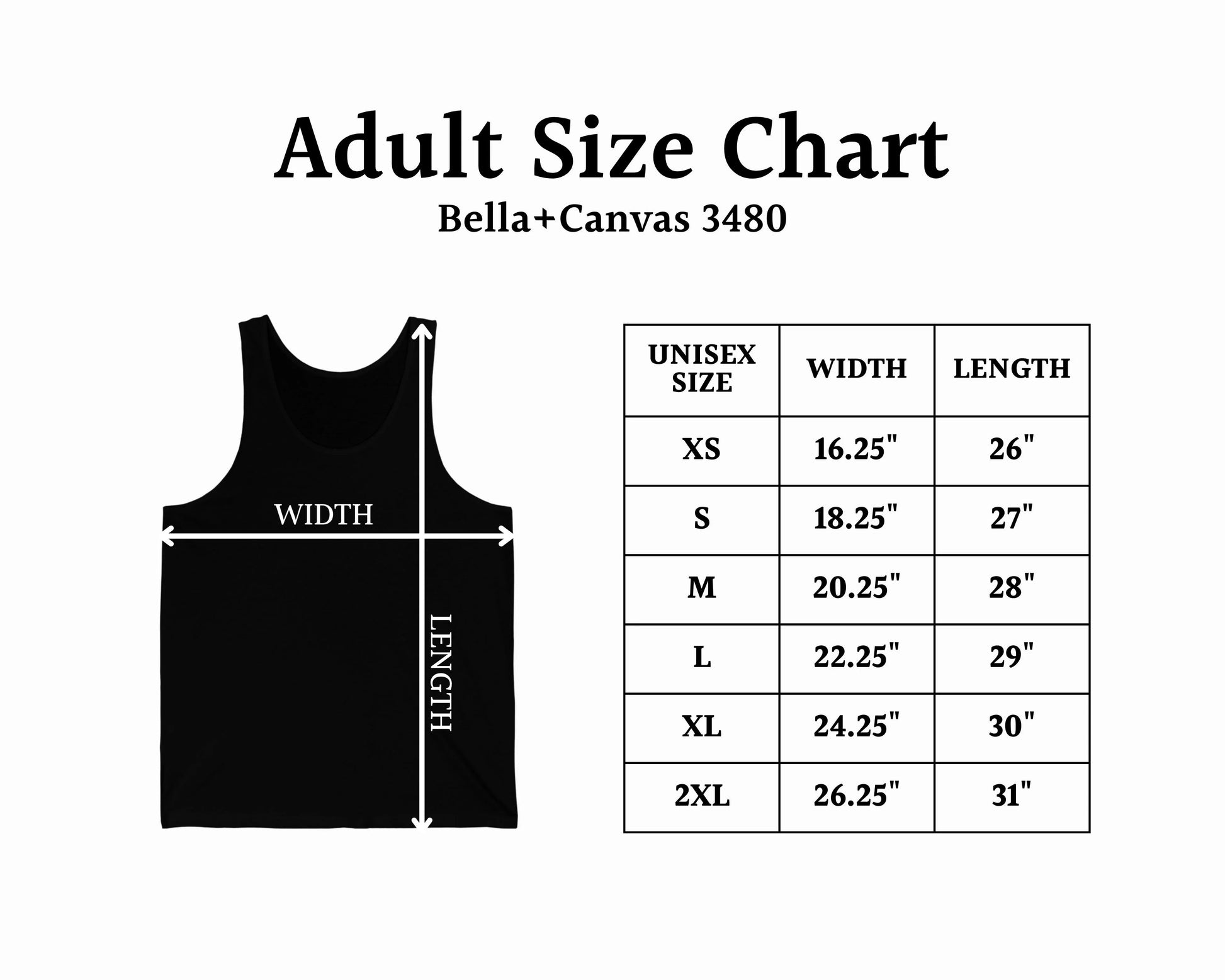 Size chart for Bella+Canvas tank tops on a white background