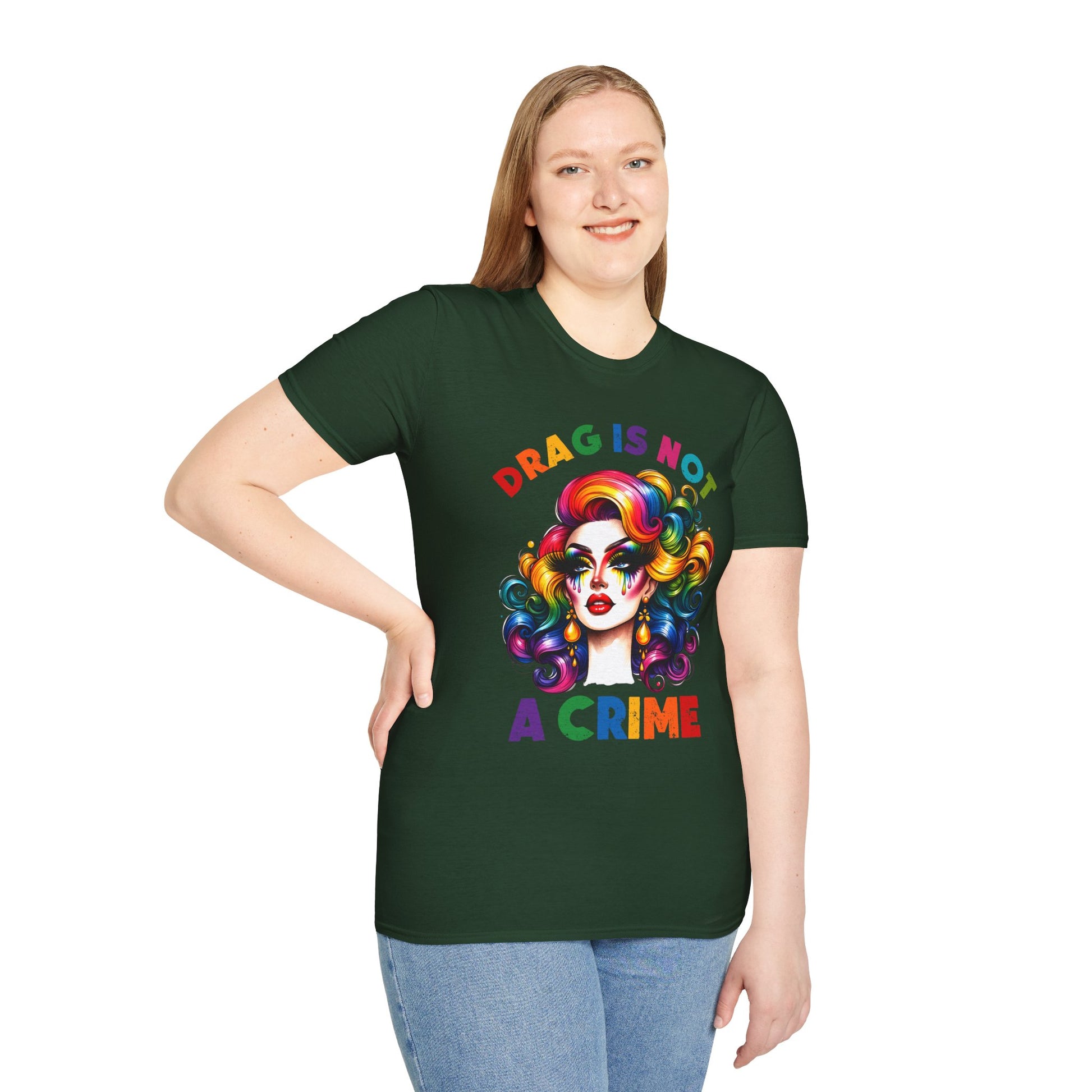 Person wearing a green t-shirt with a colorful graphic and text on a white background