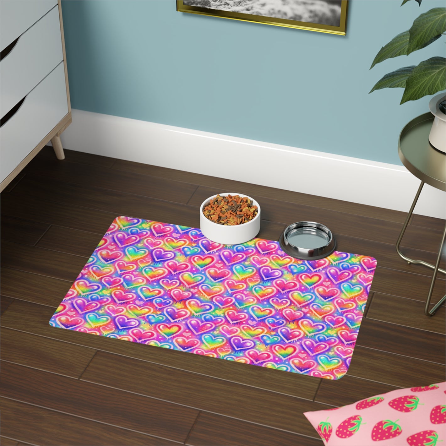 Bespattered Facade Rainbow Hearts Pet Food Mat