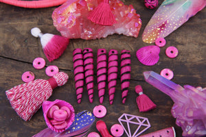 Hot Pink & Black Unicorn Horn Pendant: 2" Long Carved Bone Beads, 1 Piece