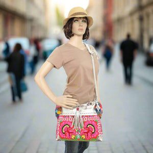 Handmade Gold Leather Crossbody Bag with Hmong Textile, Boho Pom Pom Tassel Purse, Tribal Ethnic Fair Trade Bag from Thailand