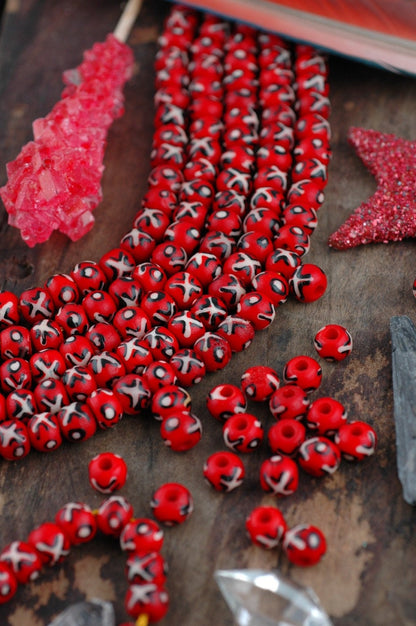 X on Fire : Red, White & Black Round  Bone Beads, 8x6mm, 31 beads