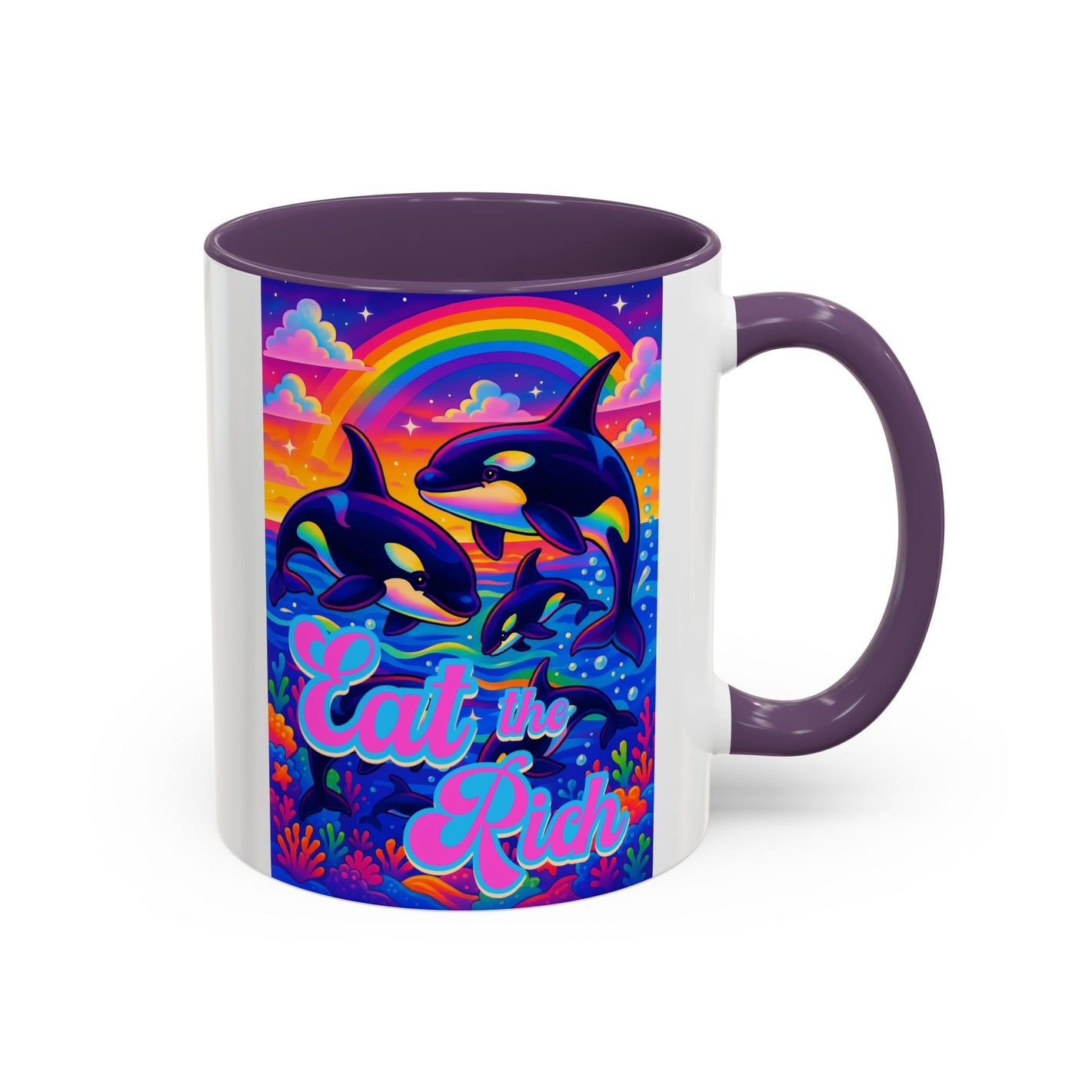 Bespattered Facade "Eat the Rich" Orcas Whimsical Rainbow Mug | Four Colors | 11oz or 15oz