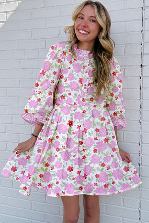 Pink Floral Print Striped Trim Flowy Mini Dress For Summer