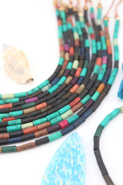 Fisherman's Blues Multi Color Bone Tube Beads, 4x9mm