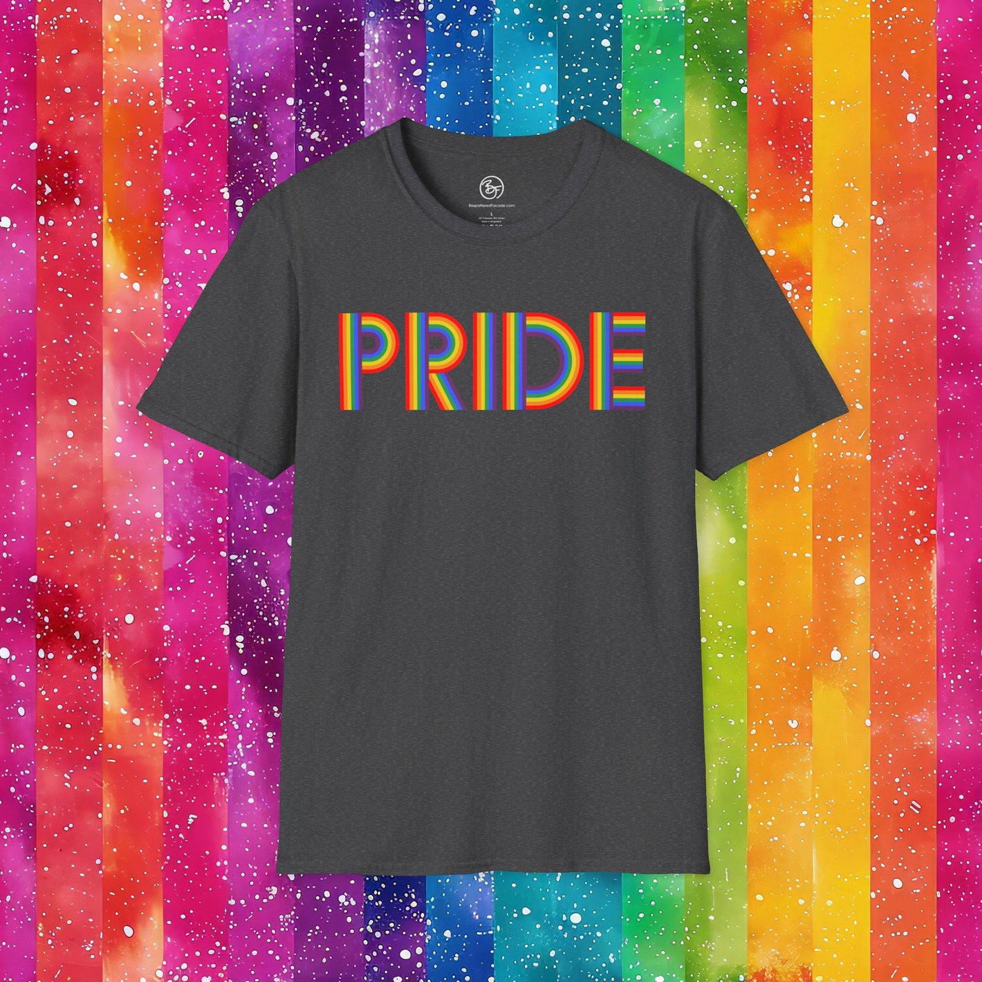 Black t-shirt with 'PRIDE' in rainbow letters on a colorful striped background