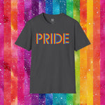 Black t-shirt with 'PRIDE' in rainbow letters on a colorful striped background