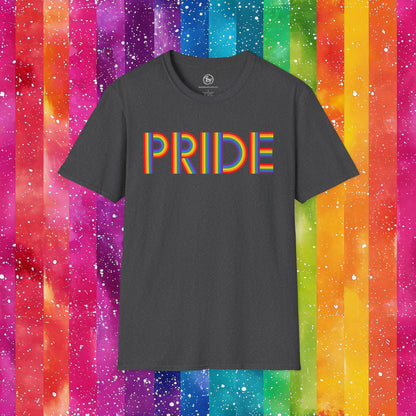 Black t-shirt with 'PRIDE' in rainbow letters on a colorful striped background