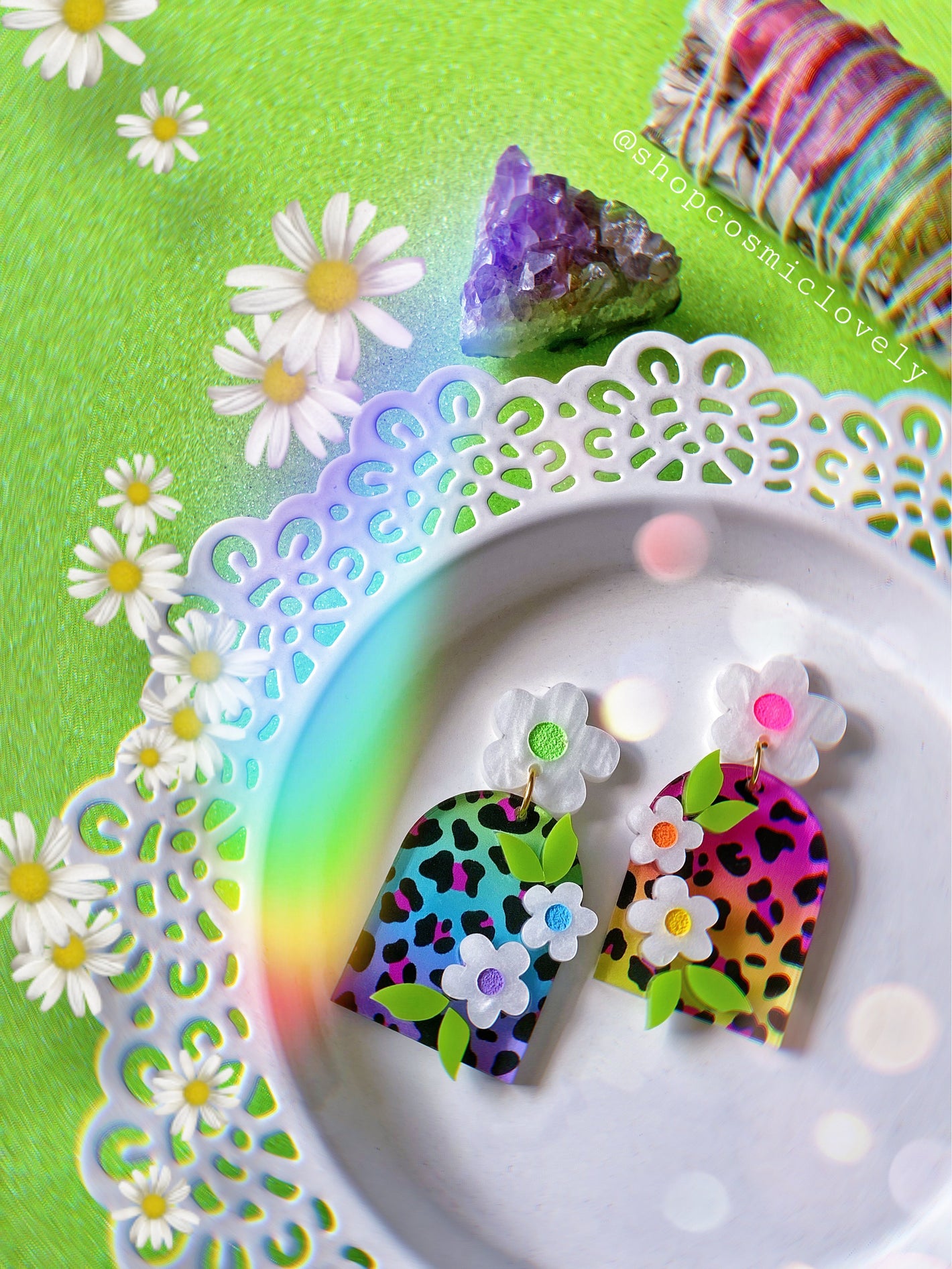 Rainbow Leopard Flower Arch Earrings