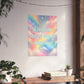 A pastel rainbow and cloud art print with the text 'I find your lack of whiny disturbing' displayed on a wall above a wooden console table with books and a small plant.