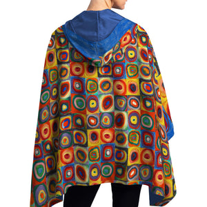 Kandinsky Squares with Concentric Circles Reversible Rain Cape Poncho – Lightweight Hooded Wrap for Women