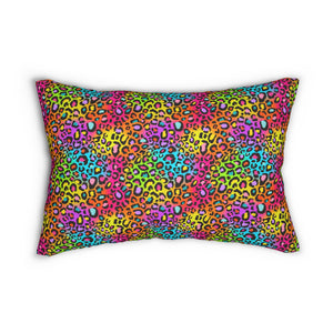 Bespattered Facade Neon Rainbow Leopard Lumbar Throw Pillow