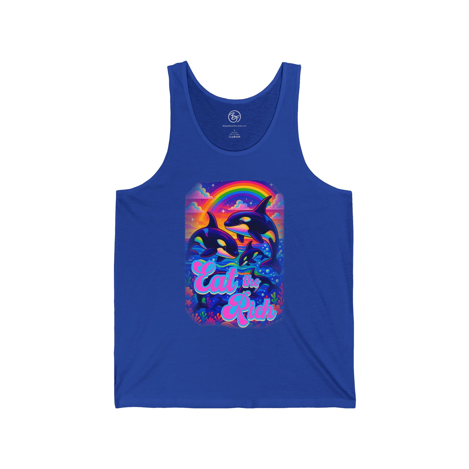 Blue tank top with colorful orca whale design and text on a white background