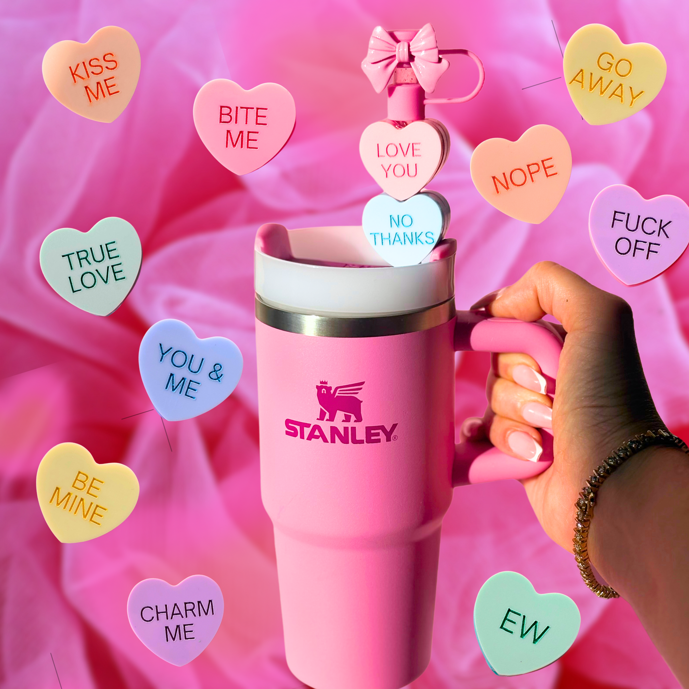 Anti-Valentines Love Day Candy Hearts Tumbler Straw Toppers