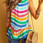 Rose Red Rainbow Stripes Ruffled Hem Drawstring V Neck Tank Top