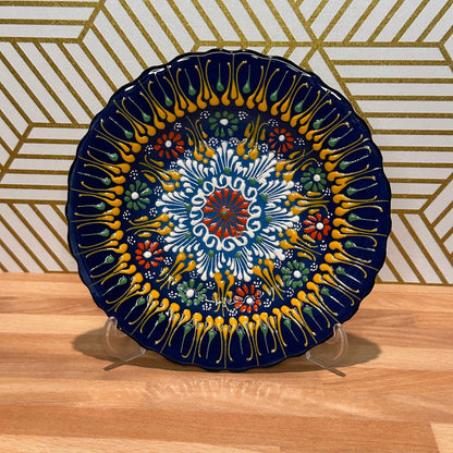 7” Turkish Ceramic Handmade & Painted Plate - Blue Dot Art Floral Tulip Patterned - Wall Hanging or Stand Use