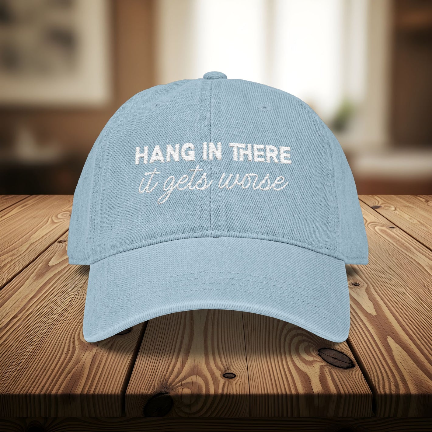 Bespattered Facade "Hang in There" White Embroidered Denim Cap
